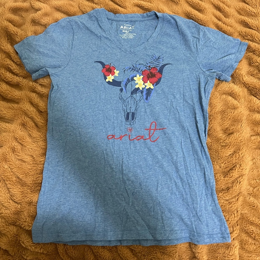 Blue Ariat Tee - cow skull w/ flowers